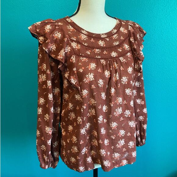 Madewell Ladder Trim Ruffle Front Homestead Brown Women's Blouse Small - Picture 2 of 8